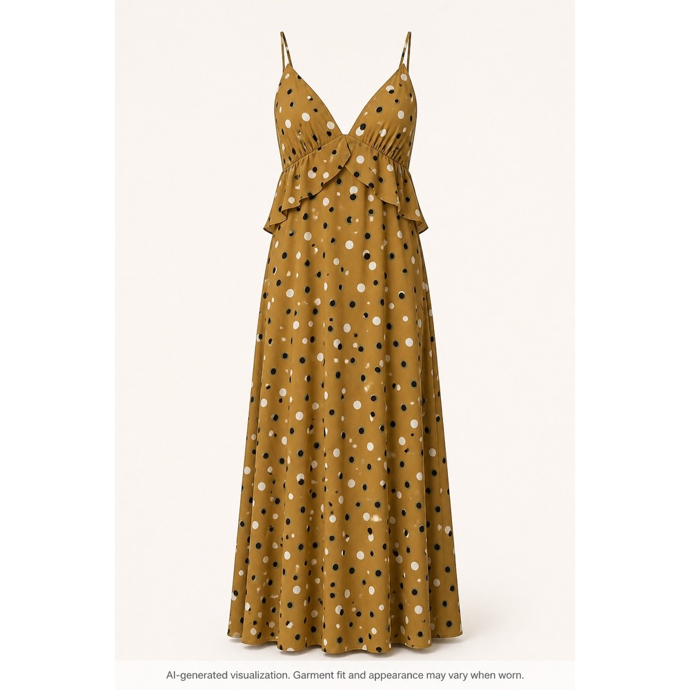 Kivari Maxi Dress Size M Mustard Yellow Polka Dot Boho Ruffle Slit Summer V-Neck
